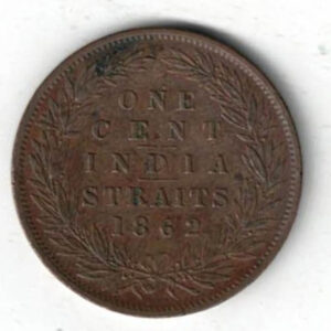 1862 Straits Settlements Copper One Cent Coin. The obverse features the bust of Queen Victoria facing left. All coins are in stock.