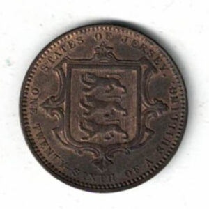 1870 Jersey Bronze One Twenty-Sixth Of A Shilling Coin. The reverse features an ornate shield of arms with value and country name.