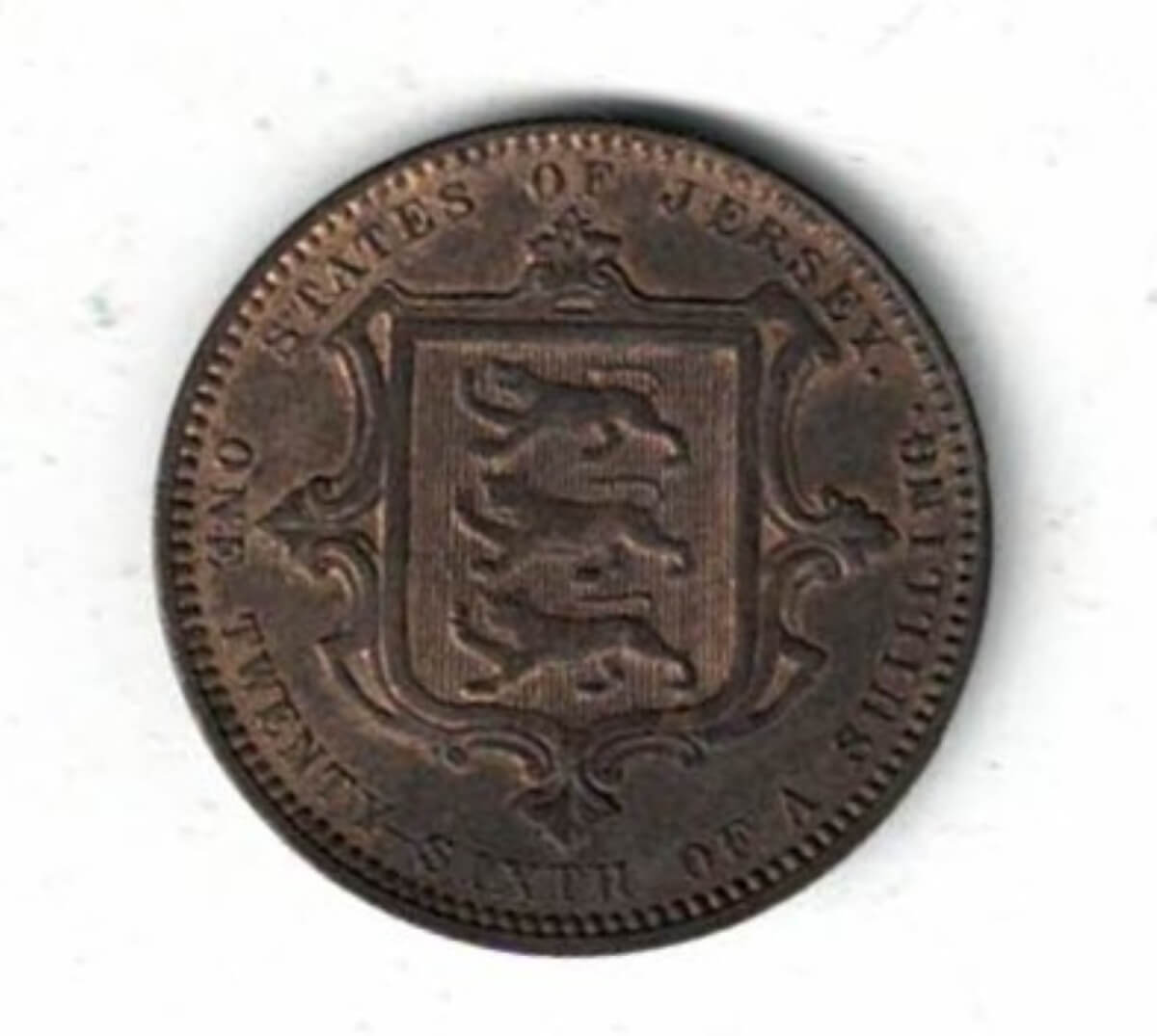 1870 Jersey Bronze One Twenty-Sixth Of A Shilling Coin. The reverse features an ornate shield of arms with value and country name.