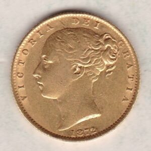 1872 M Gold Sovereign Coin. The coin features a young head queen Victoria on the Obverse and the collectable shield design on the Reverse.