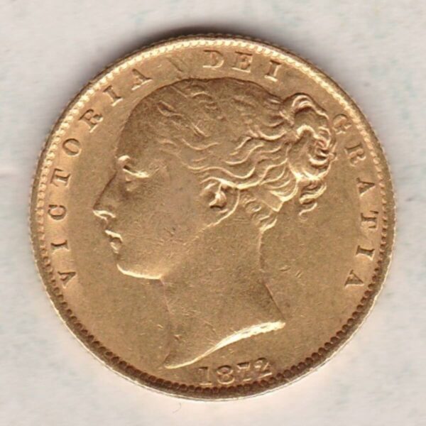 1872 M Gold Sovereign Coin. The coin features a young head queen Victoria on the Obverse and the collectable shield design on the Reverse.