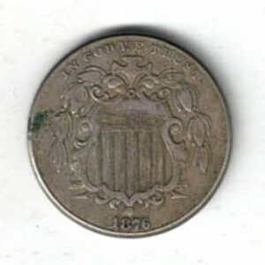 1876 USA Nickel Five Cents Coin. The Obverse features the draped garland above shield, date below. The reverse features a 5 within 13 stars. 