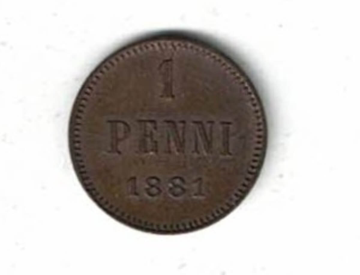 1881 Finland Copper One Penni Coin. The obverse features the Monogram of Alexander III. All coins are in stock for dispatch.