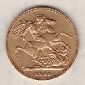 1881 S Gold Sovereign Coin featuring Queen Victoria Young Head on the Obverse and St George & the Dragon on the Reverse. Sydney Mint.