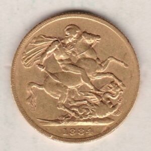 1884 Gold Sovereign Coin featuring Queen Victoria Young Head on the Obverse and St George & the Dragon on the Reverse. London Mint.
