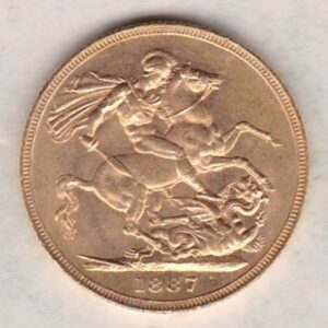 1887 M Gold Sovereign Coin featuring Queen Victoria Young Head on the Obverse and St George & the Dragon on the Reverse. Melbourne Mint.