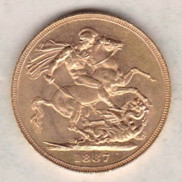 1887 M Gold Sovereign Coin featuring Queen Victoria Young Head on the Obverse and St George & the Dragon on the Reverse. Melbourne Mint.