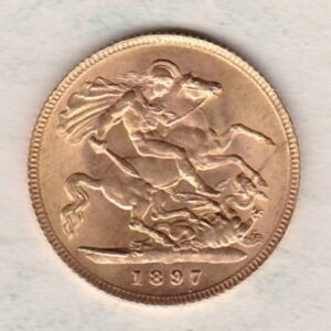 1897 Gold Half Sovereign Coin featuring Queen Victoria Old Head on the Obverse and George & the Dragon on the Reverse in near mint condition.