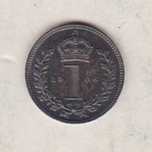 1906 Silver Maundy Penny coin featuring King Edward VII on the obverse. A crowned denomination dividing date within an oak wreath. on the reverse.