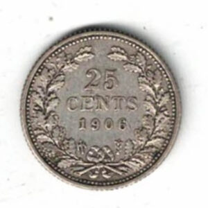 1906 Netherlands Silver Twenty Five Cent Coin. The obverse of this coin features the head of Wilhelmina facing right left.
