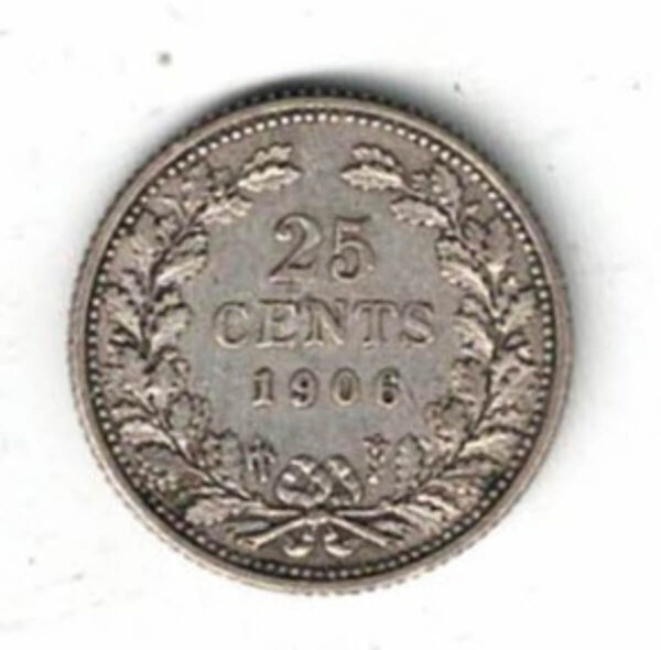 1906 Netherlands Silver Twenty Five Cent Coin. The obverse of this coin features the head of Wilhelmina facing right left.
