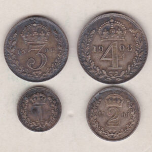 1908 Silver Maundy Set of four coins featuring Edward VII on the Obverse. The Reverse features a crowned denomination dividing date within oak wreath. 