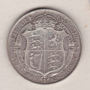 1912 Silver Halfcrown coin featuring king George V on the Obverse. The Reverse features a crowned quartered shield of arms.