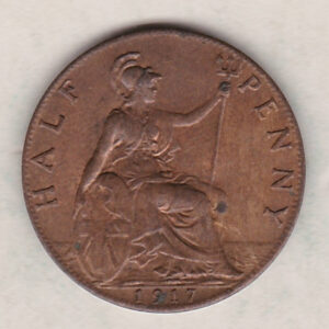 1917 Bronze Halfpenny coin featuring the portrait of King George V on the obverse. The reverse side of the coin depicts Britannia seated to the right.
