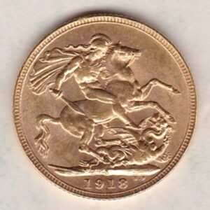 1918 I Gold Sovereign Coin. The coin features King George V on the Obverse. St George and the dragon on the reverse. The I Bombay, India Mintmark.