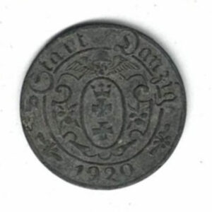 1920 Free City Of Danzig Zinc Ten Pfennig. The obverse features the value within circle. The reverse features the coat of arms with date..