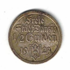 1923 Free City Of Danzig Half Gulden Coin. The obverse features arms with date and denomination. The reverse features a hanseatic ship.