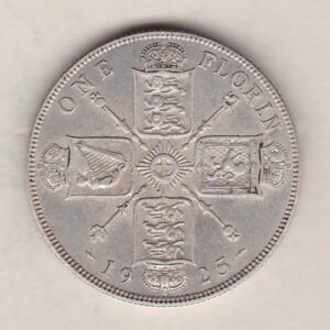 1925 Silver Florin coin. The portrait of King George V on the Obverse. The crowned cruciform shields around central Garter star on the reverse.