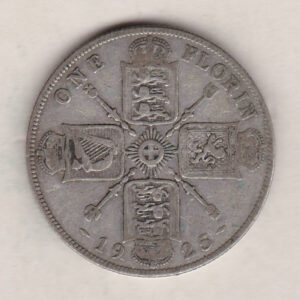 1925 Silver Florin coin. The portrait of King George V on the Obverse. The crowned cruciform shields around central Garter star on the reverse.