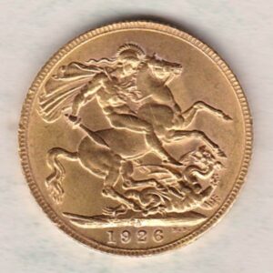 1926 SA Gold Sovereign Coin. The coin features King George V on the Obverse. St George and the dragon on the reverse. The SA Pretoria South Africa mintmark.
