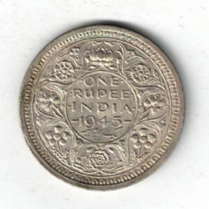 1945 B India Silver One Rupee Coin. The obverse features George VI. The reverse features The reverse has the denomination and date within circle.