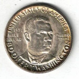1951 USA Booker T Washington Silver Half Dollar Coin. The reverse features the hall of fame at New York University with log cabin. 