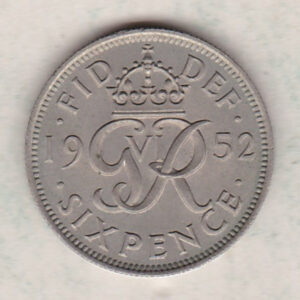 1952 Cupro Nickel Sixpence coin featuring the uncrowned portrait of King George VI. The reverse features the crowned royal cypher dividing the date.
