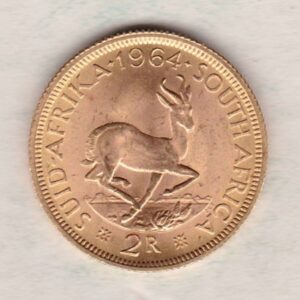 1964 South Africa Gold Two Rand coin. The obverse features the portrait of Jan van Riebeeck. The springbok on the Reverse.