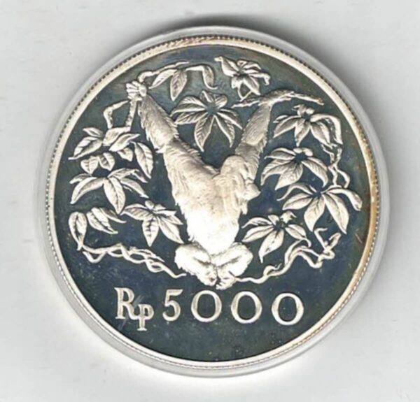 1974 Indonesia Silver Proof Orangutan Five Thousand Rupiah Coin. The reverse features an Orangutan with value below.  All coins are in stock.