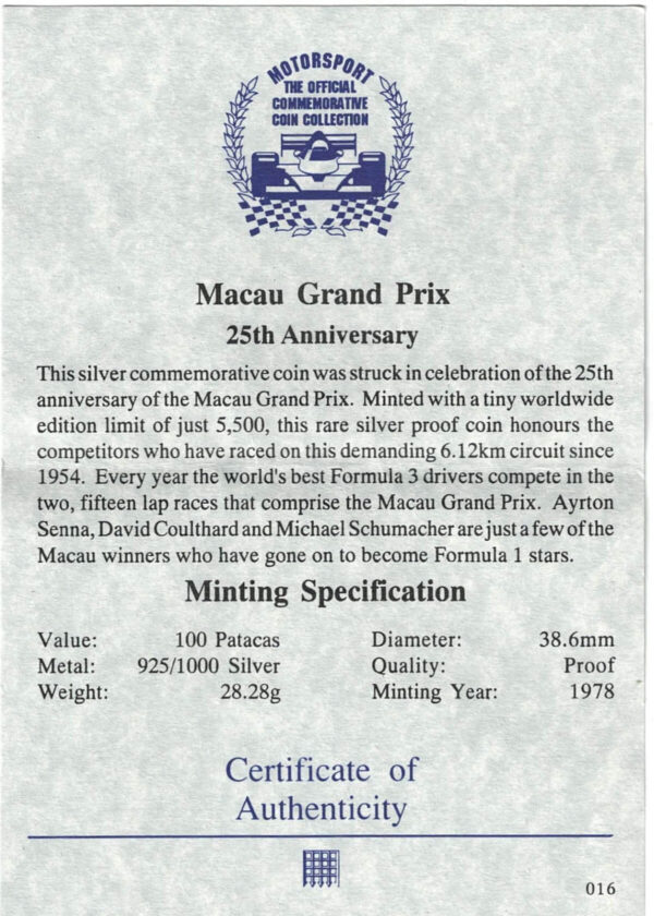 1978 Macau Grand Prix Anniversary Silver Proof One Hundred Patacas - Image 3