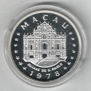 1978 Macau Grand Prix Anniversary Silver Proof One Hundred Patacas. The obverse side of this coin features the script in Latin.