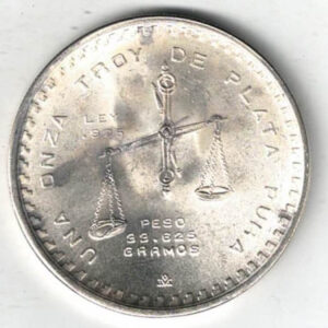 1979 Mexico One Ounce One Onza Coin. The reverse features a scale as a centre piece with legend and weight. All coins are in stock.