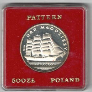 1982 Poland Silver Proof Five Hundred Zlotys Coin, The obverse features the an eagle with wings open. The reverse features a three masted sailing ship.