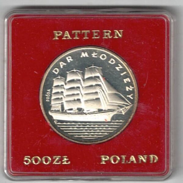 1982 Poland Silver Proof Five Hundred Zlotys Coin, The obverse features the an eagle with wings open. The reverse features a three masted sailing ship.
