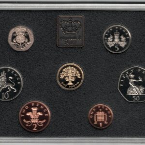 1987 Royal Mint Deluxe Base Metal Seven Coin Proof Set . This 1987 set comes in a red leather outer. All coins are in stock for despatch.