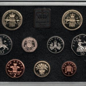 1989 Royal Mint Deluxe Base Metal Nine Coin Proof Set . This 1989 set comes in a red leather outer. All coins are in stock for despatch.