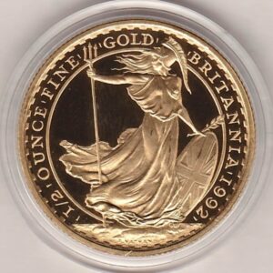 1992 Gold Proof Half Ounce Britannia coin featuring Queen Elizabeth II on the Obverse. The standing Britannia holding a trident features on the Reverse.