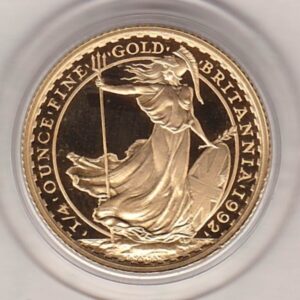 1992 Gold Proof Quarter Ounce Britannia coin features Queen Elizabeth II on the Obverse. Standing Britannia on the Reverse. Quarter ounce gold coin.