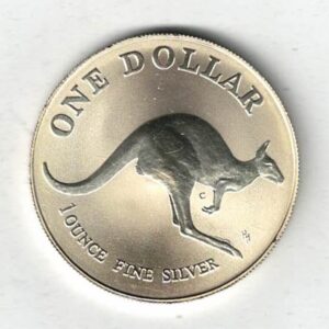 1993 Silver Australia One Ounce Kangaroo. Elizabeth II is on the obverse, The kangaroo is on the reverse. The coin contains one ounce of 999 fine silver.