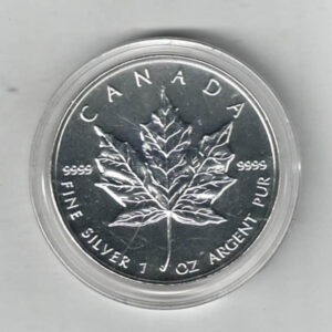 1994 Silver Canada One Ounce Maple. Elizabeth II is on the obverse, The Maple is on the reverse. The coin contains one ounce of 9999 fine silver.