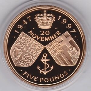 1997 Gold Proof Five Pounds Golden Wedding coin. This proof coin comes in the original box with certificate as issued by the royal mint.