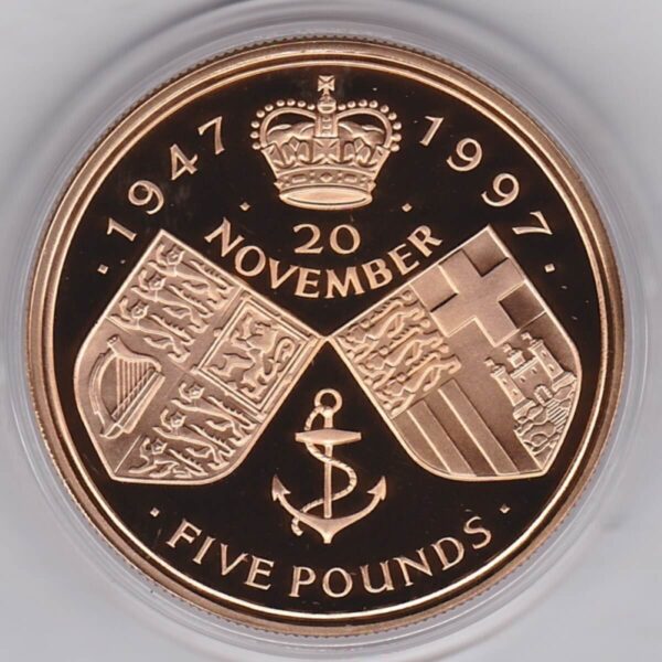 1997 Gold Proof Five Pounds Golden Wedding coin. This proof coin comes in the original box with certificate as issued by the royal mint.