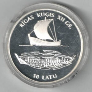 1997 Latvia Silver Proof Riga Ship Ten Latu Coin. The obverse side of this coin features the coat of arms of Latvia. All coins are in stock.