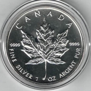 1997 Silver Canada One Ounce Maple. Elizabeth II is on the obverse, The Maple is on the reverse. The coin contains one ounce of 9999 fine silver.