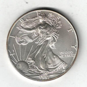 1997 Silver USA One Ounce Eagle. The liberty is on the obverse, The eagle is on the reverse. The coin contains one ounce of 999 fine silver.