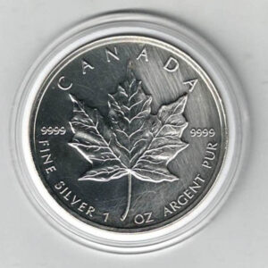1998 Silver Canada One Ounce Maple. Elizabeth II is on the obverse, The Maple is on the reverse. The coin contains one ounce of 9999 fine silver.