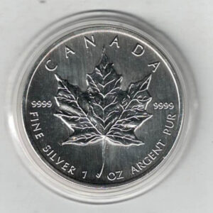 1999 Silver Canada One Ounce Maple. Elizabeth II is on the obverse, The Maple is on the reverse. The coin contains one ounce of 9999 fine silver.