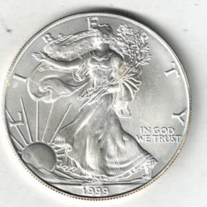 1999 Silver USA One Ounce Eagle. The liberty is on the obverse, The eagle is on the reverse. The coin contains one ounce of 999 fine silver.