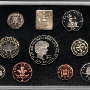 1999 Royal Mint Base Metal Nine Coin Deluxe Proof Set . This 1999 set comes in a red leather outer. All coins are in stock for despatch.
