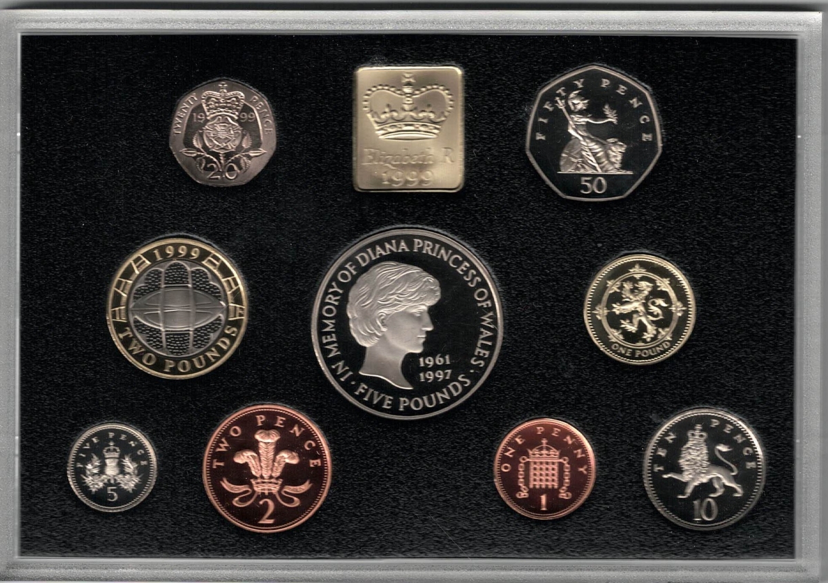 1999 Royal Mint Base Metal Nine Coin Deluxe Proof Set . This 1999 set comes in a red leather outer. All coins are in stock for despatch.
